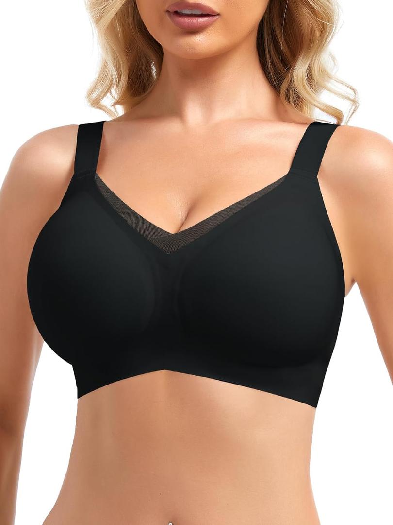 Ellareese Wireless Bras for Women with Support V Mesh No Underwire Everyday Bras Full Coverage Push Up Bralette (Black, XXL)