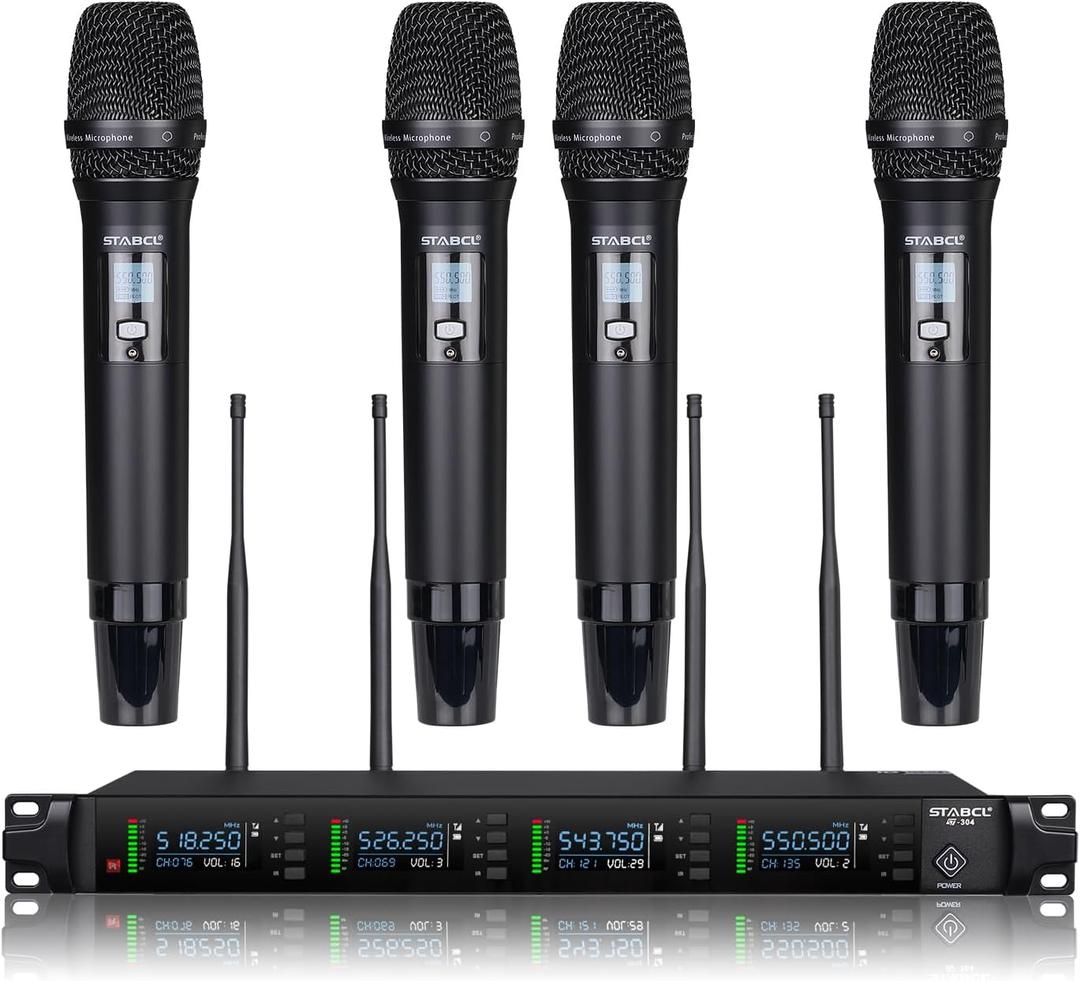 Professional 4 Channel Wireless Microphones System Auto Scan, UHF 4 x 50 Channel Metal Handheld Dynamic Cordless Microphone Set, 300Ft Range, Wireless Mics for Singing,Karaoke,Church and Dj