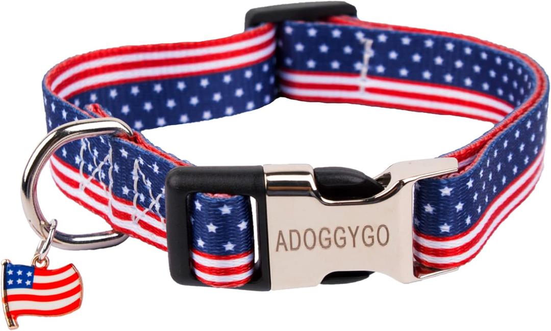 ADOGGYGO American Flag Dog Collar, Patriotic 4th of July Pet Collars Adjustable Soft Independence Day Collars for Small Medium Large Dogs (Large, 4th of July)