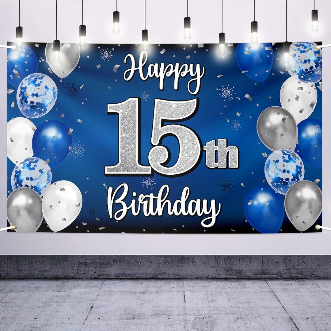 Nelbiirth Happy 15th Birthday Decorations, 15th Blue & Silver Balloon Large Birthday Banner Backdrop Sign, Cheers to Fifteen Years Old Bday Party Supplies