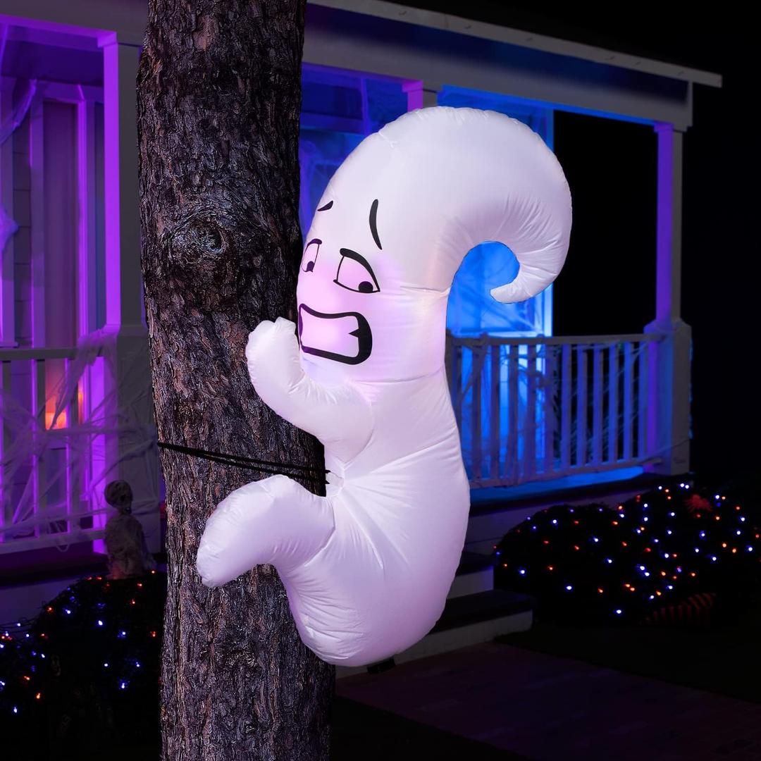 Joiedomi Halloween Inflatables Ghost Outdoor Decor, Blow Up Yard Decorations Hugging Tree, Blow Up Ghost Decor Outdoor with Colorful LEDs for Cute Halloween Decorations