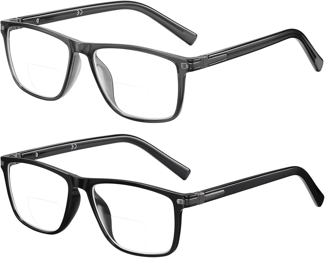 Bifocal Reading Glasses Men Women - Blue Light Computer Readers Progressive Clear Top Wide Frame Cheaters Eyeglasses (Black & Gunmetal)