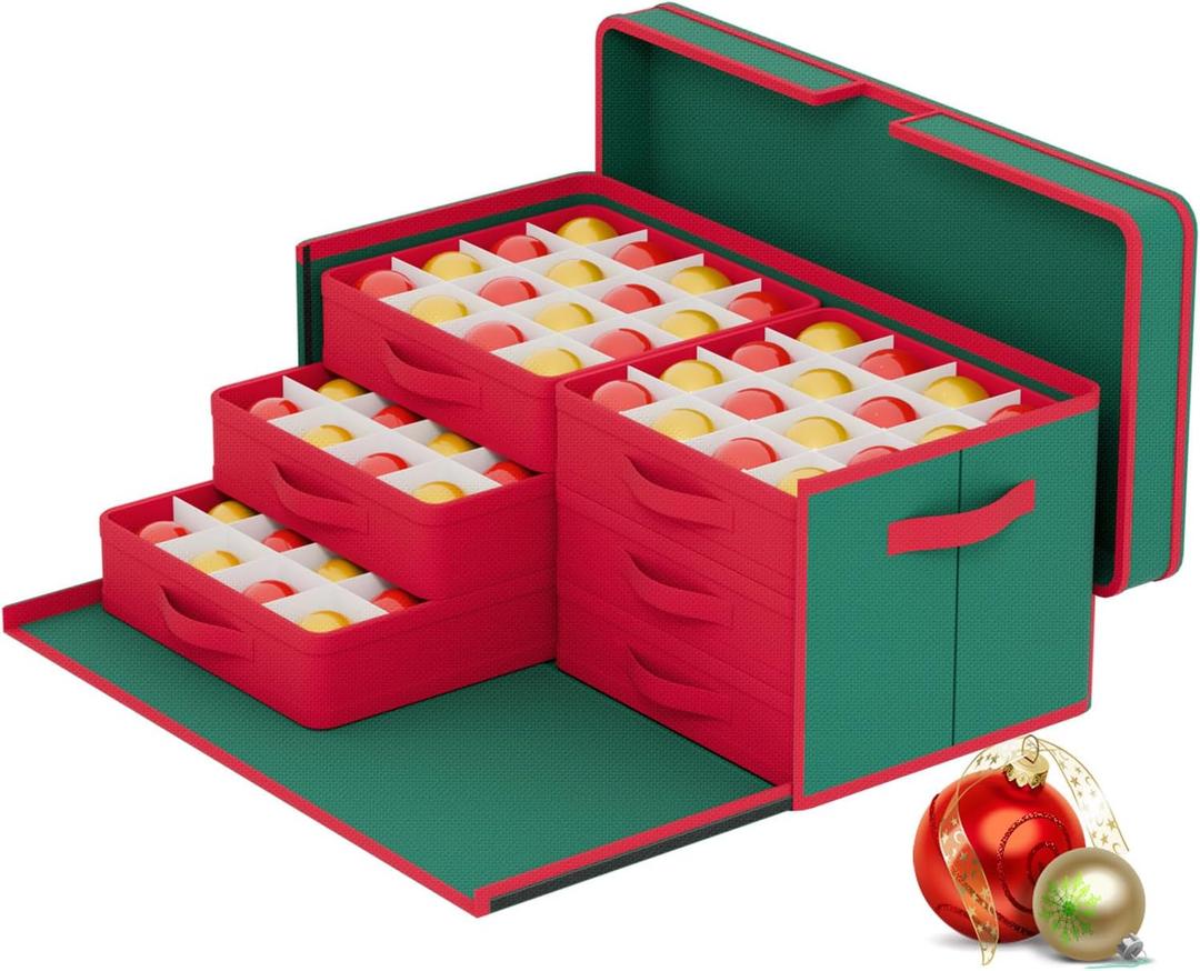 Christmas Ornament Storage Box 96 Bits - 3 Inch Adjustable Dividers Christmas Storage Containers with Lids Ornament Organizer Side Open Christmas Decoration Storage with Removable Drawer Trays (Green)