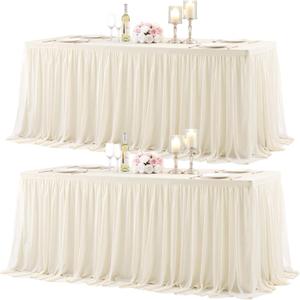2 Pack 6ft Ivory Tulle Tablecloth for Rectangle Tables 6 Foot Ivory Wedding Table Cloths Rectangular Wrinkle Free Table Cover with Tutu Skirt for Baby Shower Birthday Party Banquet Buffet Cake