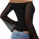 MANGOPOP Womens Off The Shoulder Bodysuit Mesh Bell Sleeve Body Suit Sexy Going out Fall Backless Tops 2025 (Black, M)