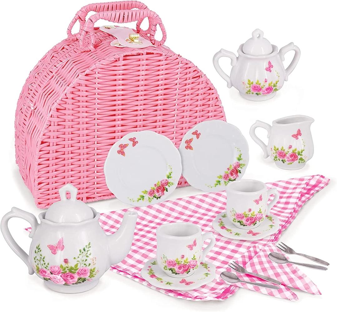 Jewelkeeper Tea Party Set for Little Girls - 18 Piece Toddler Tea Set with Floral Porcelain, Pink Wicker Basket, Utensils for Imaginative Pretend Play - Encourages Creativity and Social Skills