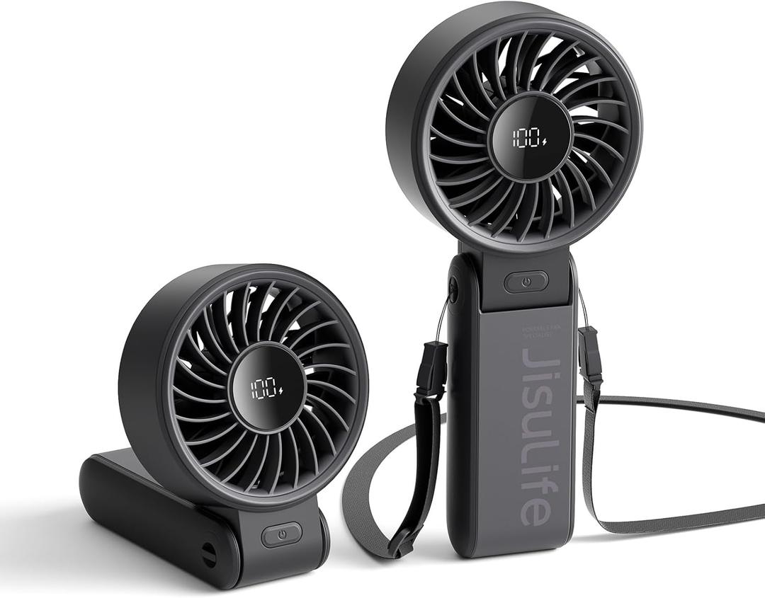 JISULIFE Handheld Fan Life7  Ultimate Flexibility: High-Power Motor, LED Display, 19.5 Hrs Cooling, 5000mAh Rechargeable, 5-Speed, Foldable Design, 3-IN-1 Portable Fan for Travel Cruise Beach(Black)