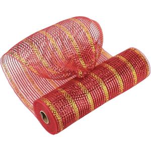 MEEDEE 10 Inch Mesh Ribbon - Red & Gold Metallic Striped Christmas Deco Mesh - 10 Yards for Wreaths & Trees