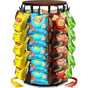 Chip Rack Display Stand, 2025 New 5 Tier 40 Clips Snack Organizer with Rotating Wooden Base, Chip Holder Candy Display for Countertop, Concession Stand, Party, Retail, Office Snack Display Rack, Brown