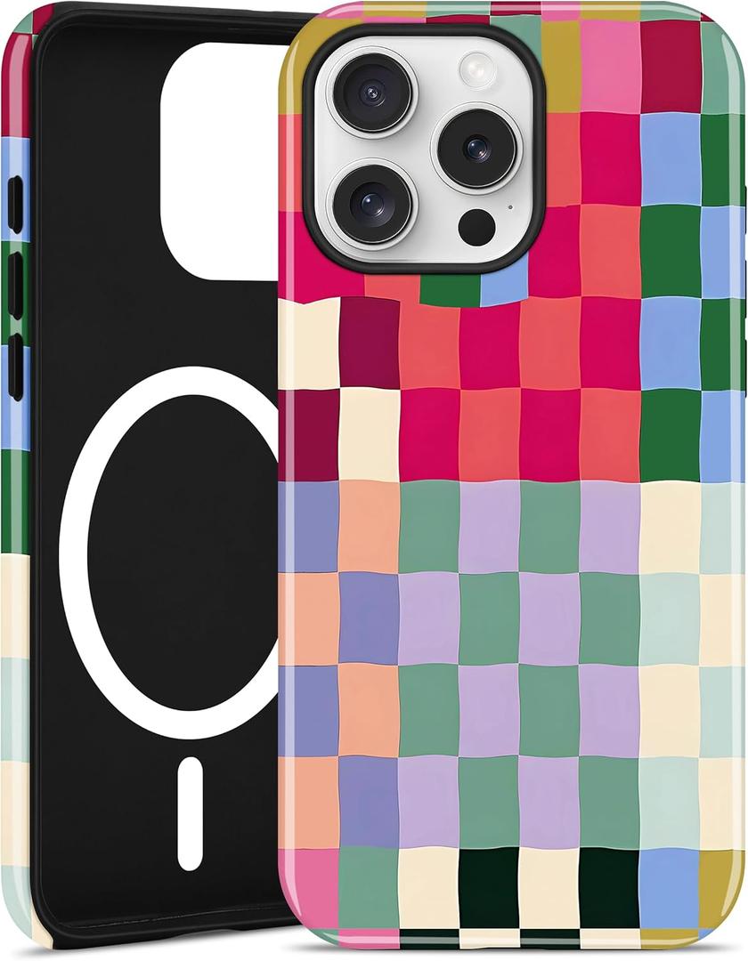 Jusy Compatible with MagSafe Checkerboard Phone Case for iPhone 16 Plus, Cute Aesthetic Checkered Magnetic Soft TPU and Hard PC Protective Phone Cover for Women Girls（Shiny） - Colorful