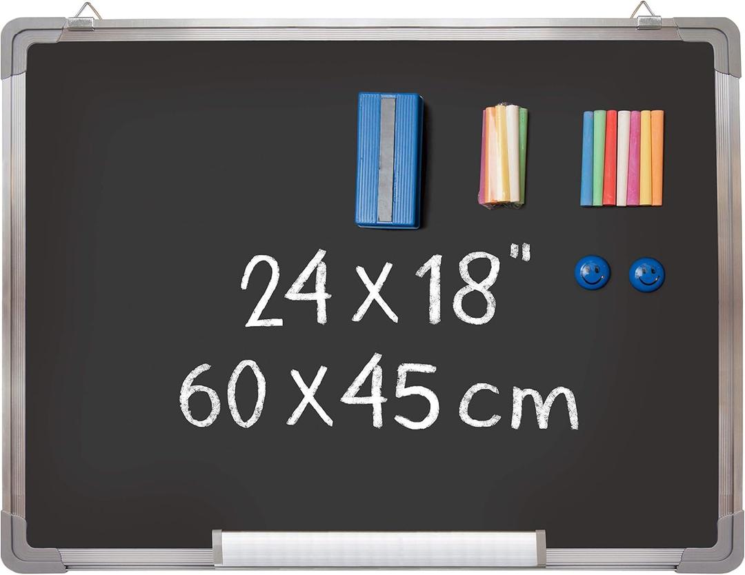 Chalkboard Set - Framed Black Board 24 x 18 inch with 1 Magnetic Eraser, 14 Chalk Sticks (7 Colors) and 2 Magnets - Small Wall Hanging Blackboard with Frame for Home, Kitchen and Kids (24x18)