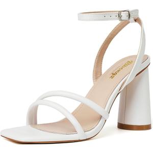 RIBONGZ Block Heels Prom Heeled Sandals for Women Chunky Square Open Toe Strappy High Heels Ankle Strap Wedding Bridal Shoes High Heel Sandals for Party Dress, White, US 6.5