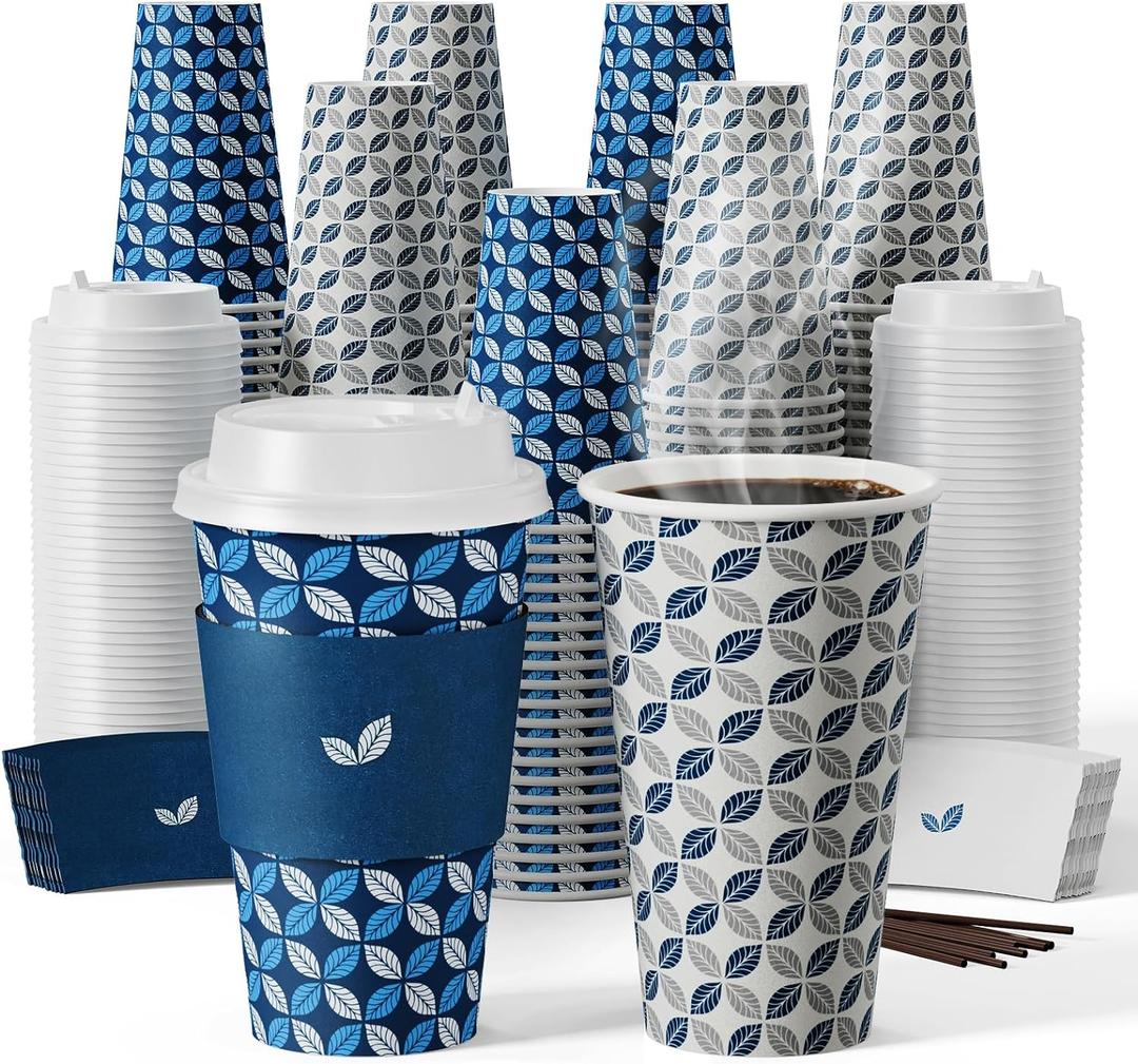 JOLLY CHEF 16 oz Coffee Cups with Lids 100 Pack, Disposable Hot Paper Coffee Cups with Lids, Sleeves and Stirrers for Christmas, Thanksgiving, Party