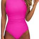 SUUKSESS Women One Piece Ruched Swimsuit Tummy Control Backless Bathing Suit (Large, Hot Pink)