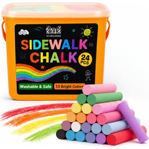 24 PCS Sidewalk Chalk for Kids - 13 Colors Bucket - Non-Toxic Washable Jumbo Chalks - Bulk Colored Set for Kids & Toddlers Outdoor Play, Chalkboard Art - Easy Carry & Mess-Free Storage