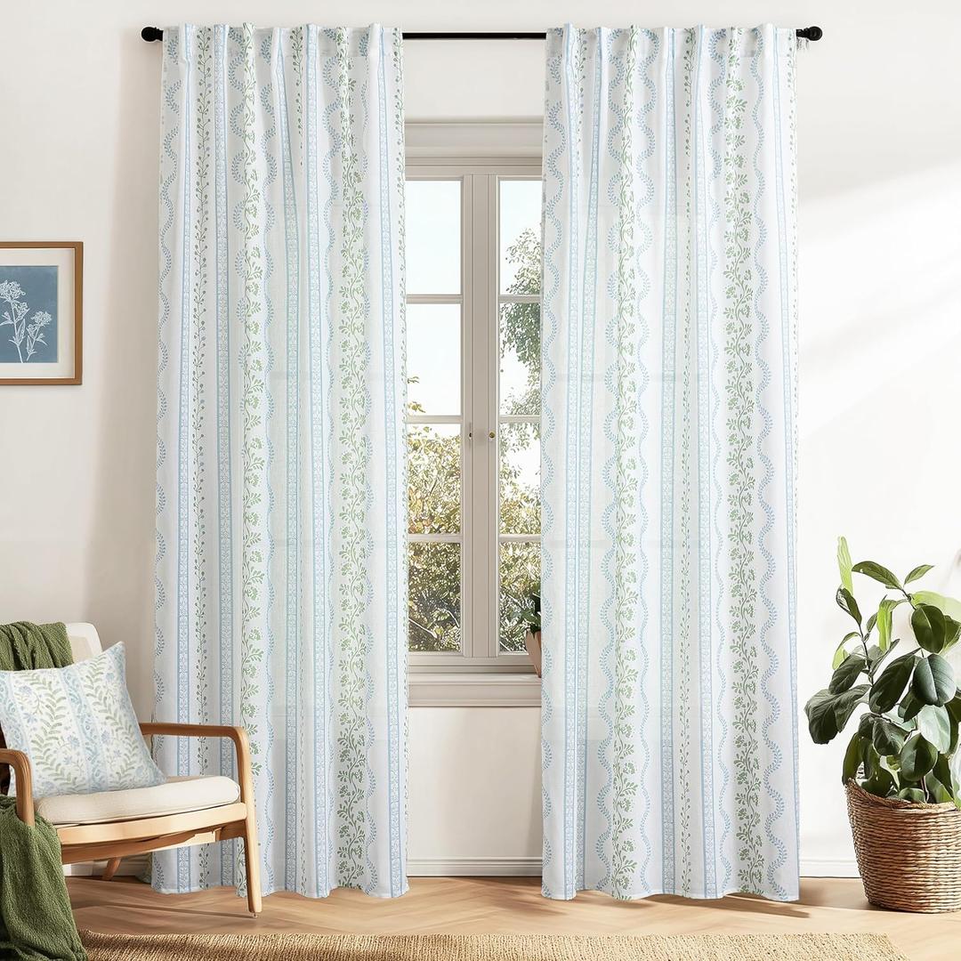 Light Blue Green Floral Vintage Curtains, Cute Whimsical Shabby Chic Curtain for Living Room Bedroom, Block Print Pattern Linen Sheer French Country Cottage Core Curtains (50"W x 84"L (Pack of 2))