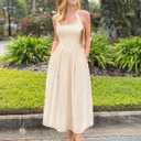 ZESICA Women's Summer Sleeveless Floral Maxi Dresses 2026 Halter Neck Flowy A Line Formal Cocktail Wedding Guest Long Dress (Beige, L)