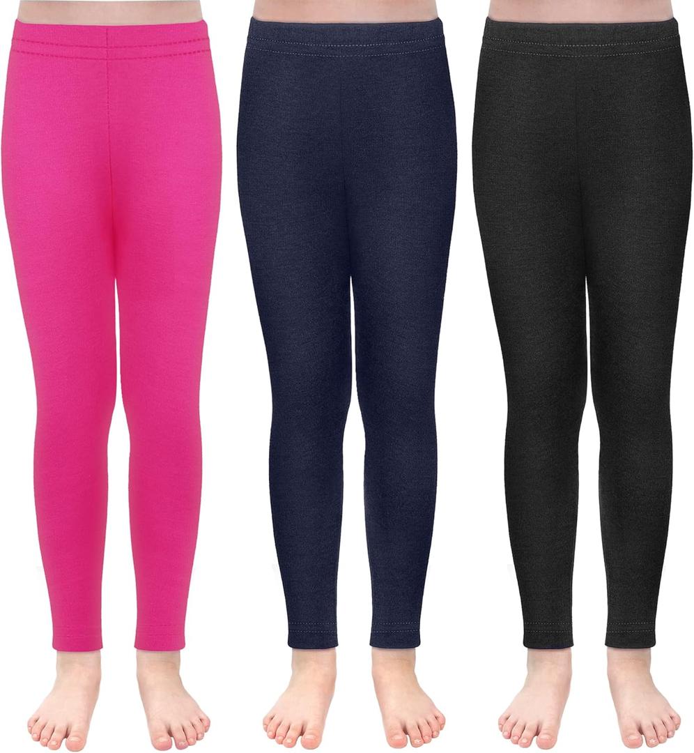 TODDOR 3 Pack Girls Winter Fleece Lined Leggings Stretchy Solid Velvet Pants Warm and Soft Tights for Kids (10-12 Years, Black, Navy, Hot Pink)