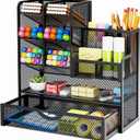 Marbrasse Mesh Pen Holder for Desk, Multi-Functional Pencil Organizer with Drawer, Desk Organizers and Accessories for Office Art Supplies (Black)
