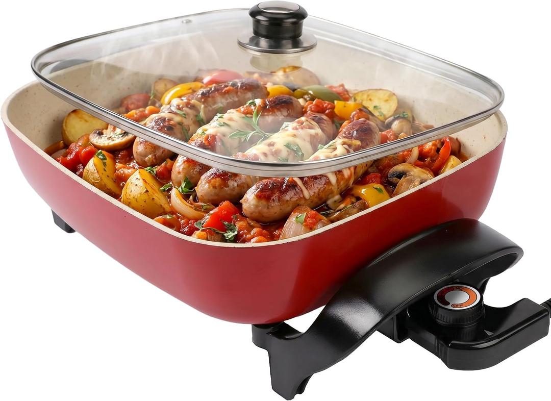 15'' Ceramic Nonstick Electric Skillet with Tempered Vented Glass Lid,Removable Easy-to-Clean,Thermostat Control to Prevent Overheating, Red