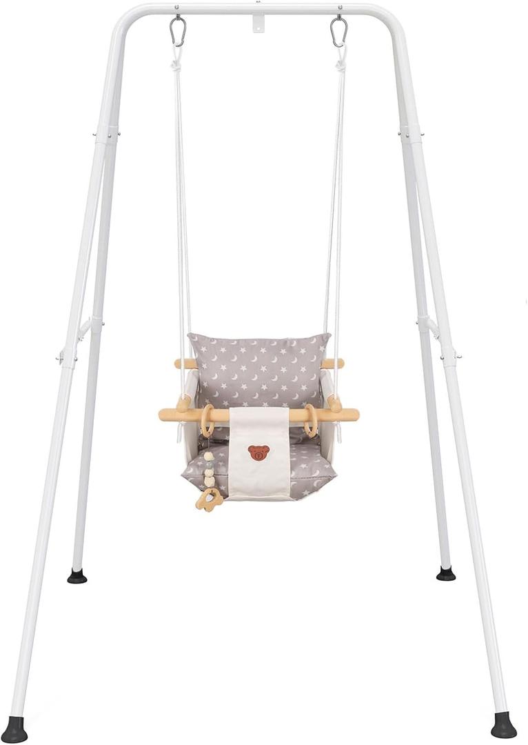 Baby Swing with Stand, Swing Set for Infant, Outdoor Indoor Swing Set with Canvas Cushion Seat (White) Baby Swing with Stand, Swing Set for Infant, Outdoor Indoor Swing Set with Canvas Cushion Seat (White)