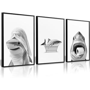 Bathroom Shark Wall Art Funny Animal Wall Decor Pictures Ocean Animal Canvas Wall Art Black White Shark Poster Bathtub Toilet Prints Funny Painting for Bathroom 12x16 Inch Unframed Set of 3