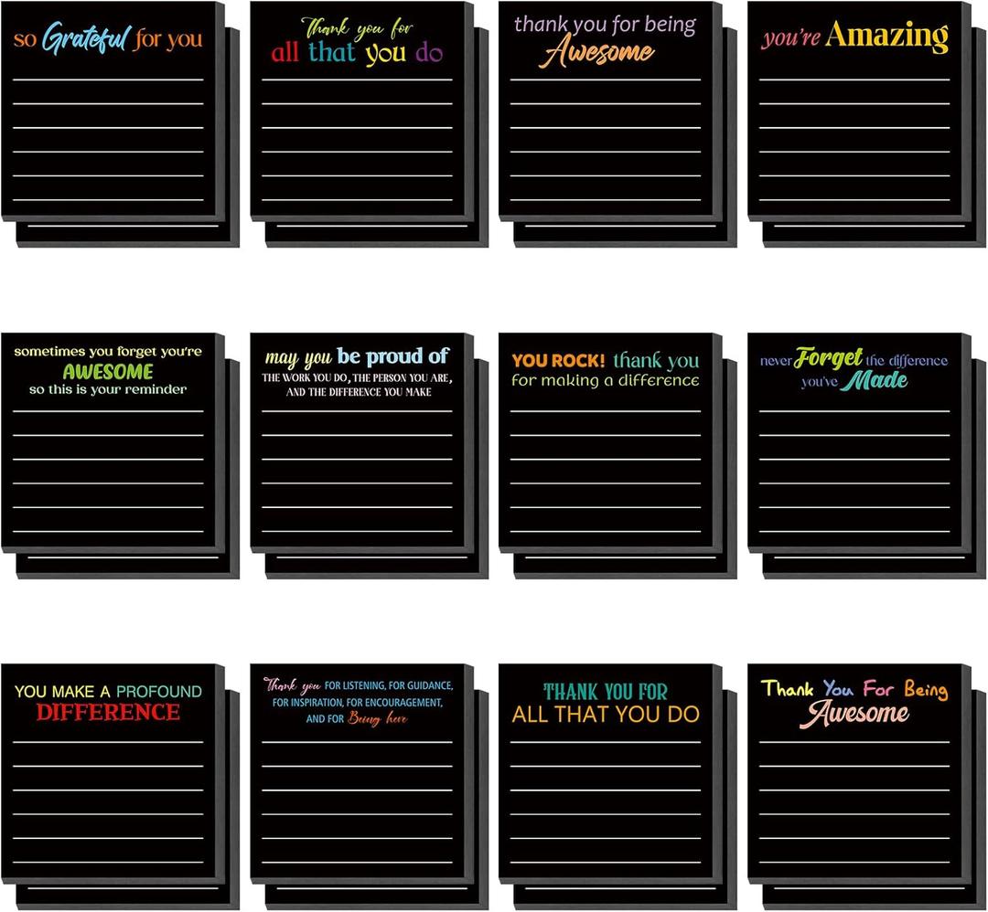 Yinder 24 Pcs Inspirational Sticky Notes Cute Motivational Sticky Notes Pad End of Year Employee Appreciation Gifts Bulk for Teacher Nurse Coworkers Office Supplies 3 x 3'' (Thank You,Black)