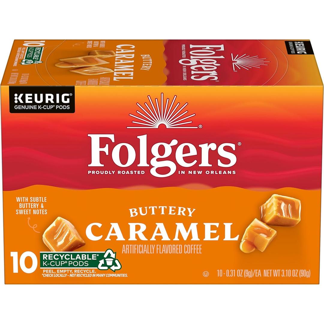 Folgers Buttery Caramel Artificially Flavored Coffee, Keurig K-Cup Pods, 10 Count Box (EXP 03/21/27)