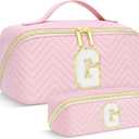 Makeup Bag Travel Toiletry Bag, Personalized Initial Pink Makeup Bag, Gift for Women Gils, Large Capacity Leather Cosmetic Bags, Waterproof Open Flat Organizer for Christmas, Halloween & Thanksgiving