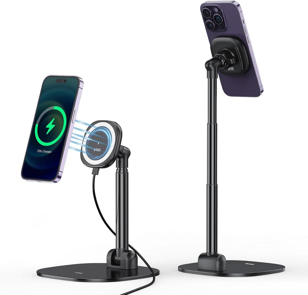 VRIG Magnetic Desk Phone Stand for Office/Home, 360Rotation Wireless Charger Phone Holder with Magnetic Ring Height&Tilt, Adjustable Cell Phone Stand for iPhone 16 15 14 13 12 and More/Android