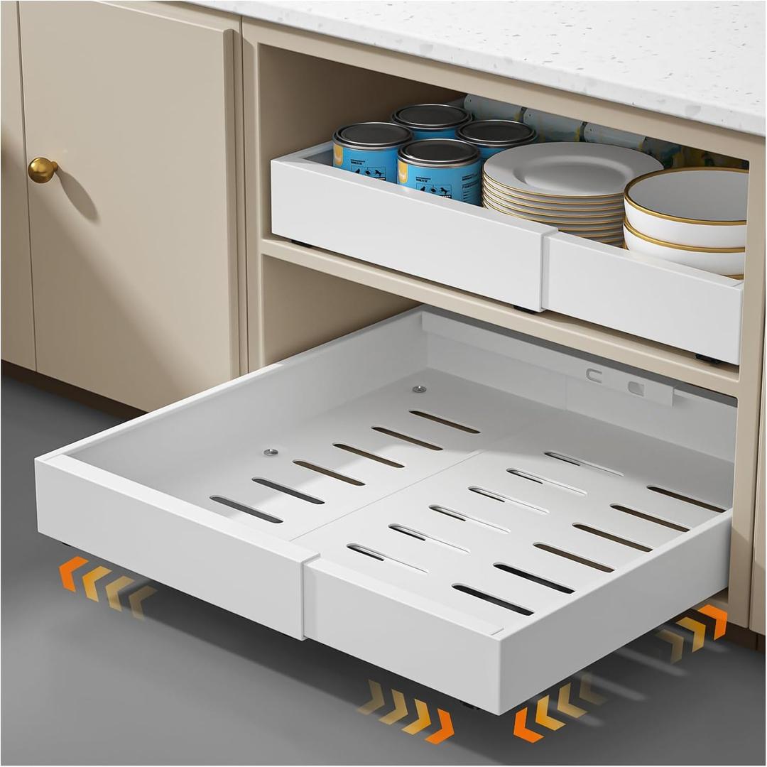 Expandable Pull Out Cabinet Organizer 16.5"Deep, 12.4-20.4" Slide Out Drawers for Kitchen Cabinet,Adjustable Cabinet Drawer for Pot/Pan,Pull Out Shelves Fixed with Adhesive Film or Screws(white)