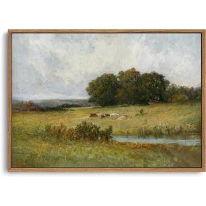 OIQArtOIQ Vintage Landscape Canvas Wall Art Framed Natural Scenery Painting Artwork Prints France Country Wilderness Farmhouse Decor Pictures Kitchen Bedroom Living Room Bathroom