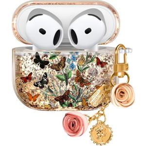 for Apple for Airpods 4 Case 2024 - Quicksand Liquid Cute Aesthetic Cover Mujer Girl Women Sparkling Sparkle Glitter Bling Sparkly Butterfly Flower Floral Keychain Girly for Airpod 4 Case
