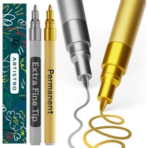 ARTISTRO 2 Gold & Silver Permanent Marker - Waterproof Markers for Tire, Fabric, Rocks, Glass, Ceramic, Wood, Paper - Oil Based Paint Pens - Extra-Fine Tip 0.7mm