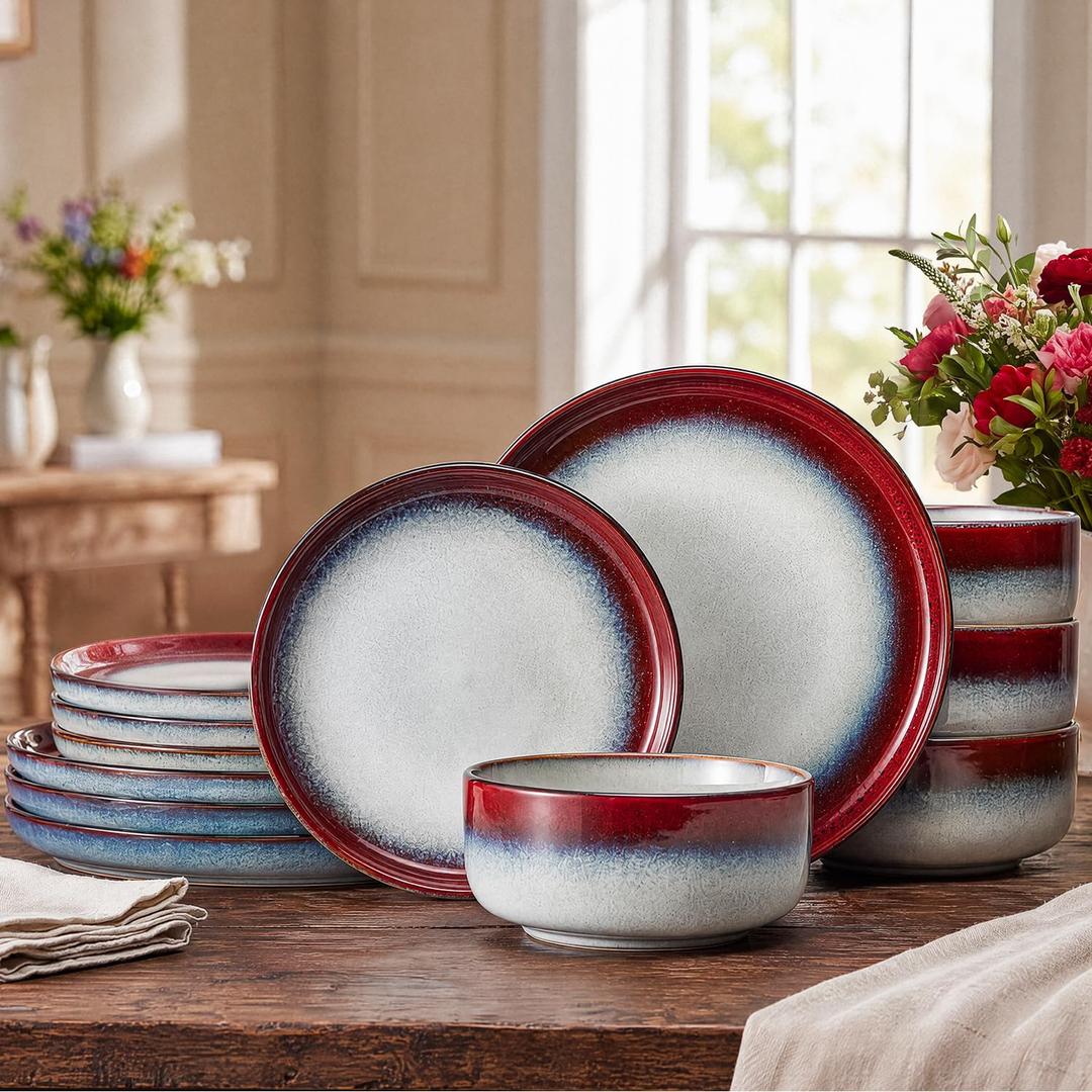 KINGSTONE Dinnerware Set for 4, Red Reactive Glaze Plates and Bowls Sets