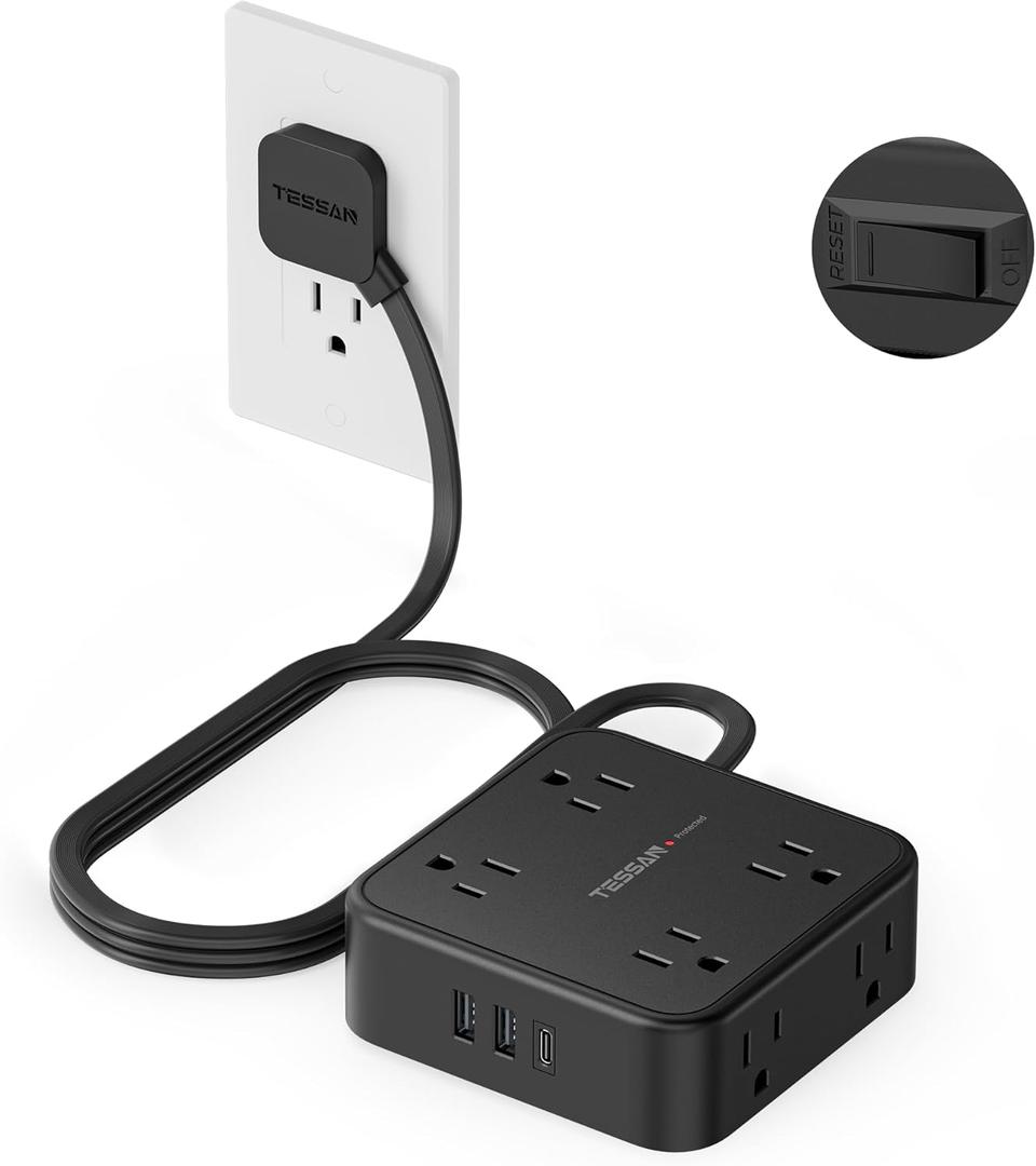 TESSAN Surge Protector Power Strip Black, 5 Ft Flat Plug Extension Cord with 3 USB (1 USB C) 8 Outlets, 900J Surge Protection, 3 Sided Outlet Extender with Power Switch for Office, Dorm Room
