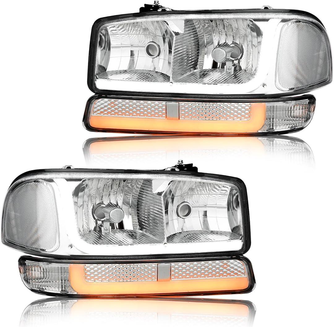 LED DRL Headlight, Headlights Replacement Compatible with 1999 2000 2001 2002 2003 2004 2005 2006 2007 GMC Sierra, Fit 1999-2006 GMC Yukon Headlamp Assembly Kit Chrome Housing Clear Reflector
