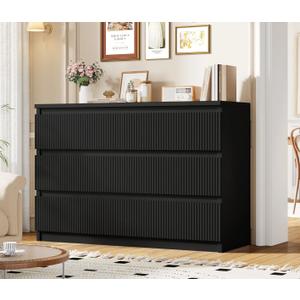 6 Drawer Dresser Black Modern Fluted Tall Wooden Chest Double Dresser for Bedroom, Living Room, Closet