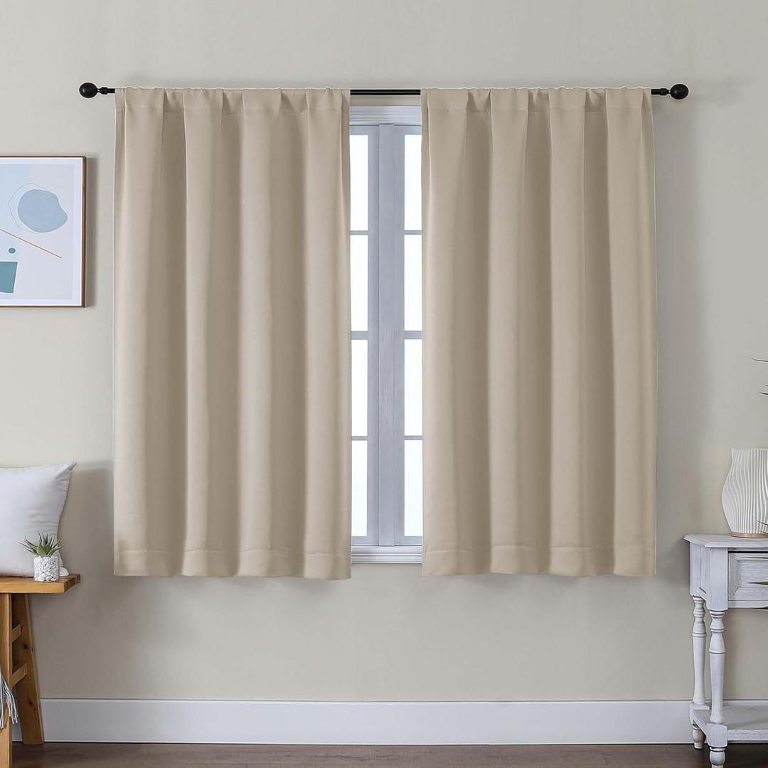 Simplebrand Ava Biscotti Beige Short Blackout Curtains for Bedroom 45 Inches Long 2 Panels Set, Solid Thermal Insulated, Energy Saving Window Treatment Curtains Blackout Drapes, W40 x L45 Inch