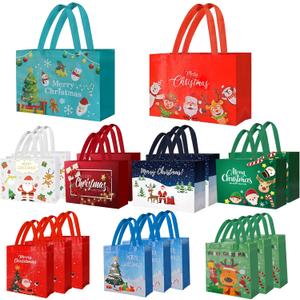 IPQXE 22 Pack Christmas Gift Bags Assorted Sizes- Reusable Tote Bags Non-Woven, Xmas Shopping Bags with Handles, for Christmas Treat Bags, Gifts Wrapping, Xmas Party Supplies 2 Large 8 Medium 12 Small