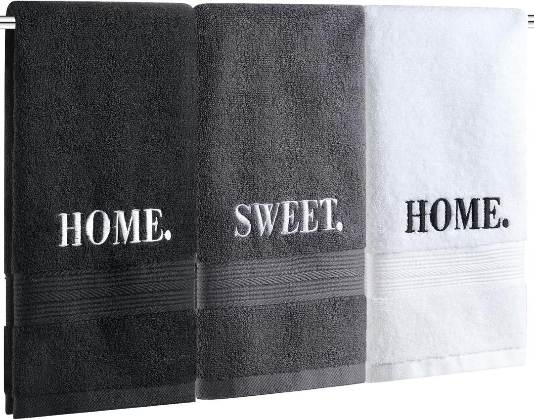 3pcs Farmhouse Decorative Hand Towels,13.8x29.5 Inch 100% Cotton Black White Rustic Embroidered Towel Set for Bathroom Kitchen Decor Gift (Home Sweet Home)