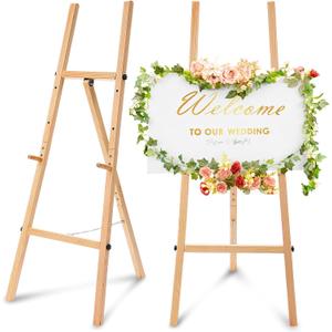CroBlissful Wooden 50" Easel Stand for Wedding Sign Adjustable 3Tier Height Display Easel with Chain Heavy Duty Floor Tripod for Welcome Wedding Sign Painting Canvas Baby Shower Party Poster (Wood)