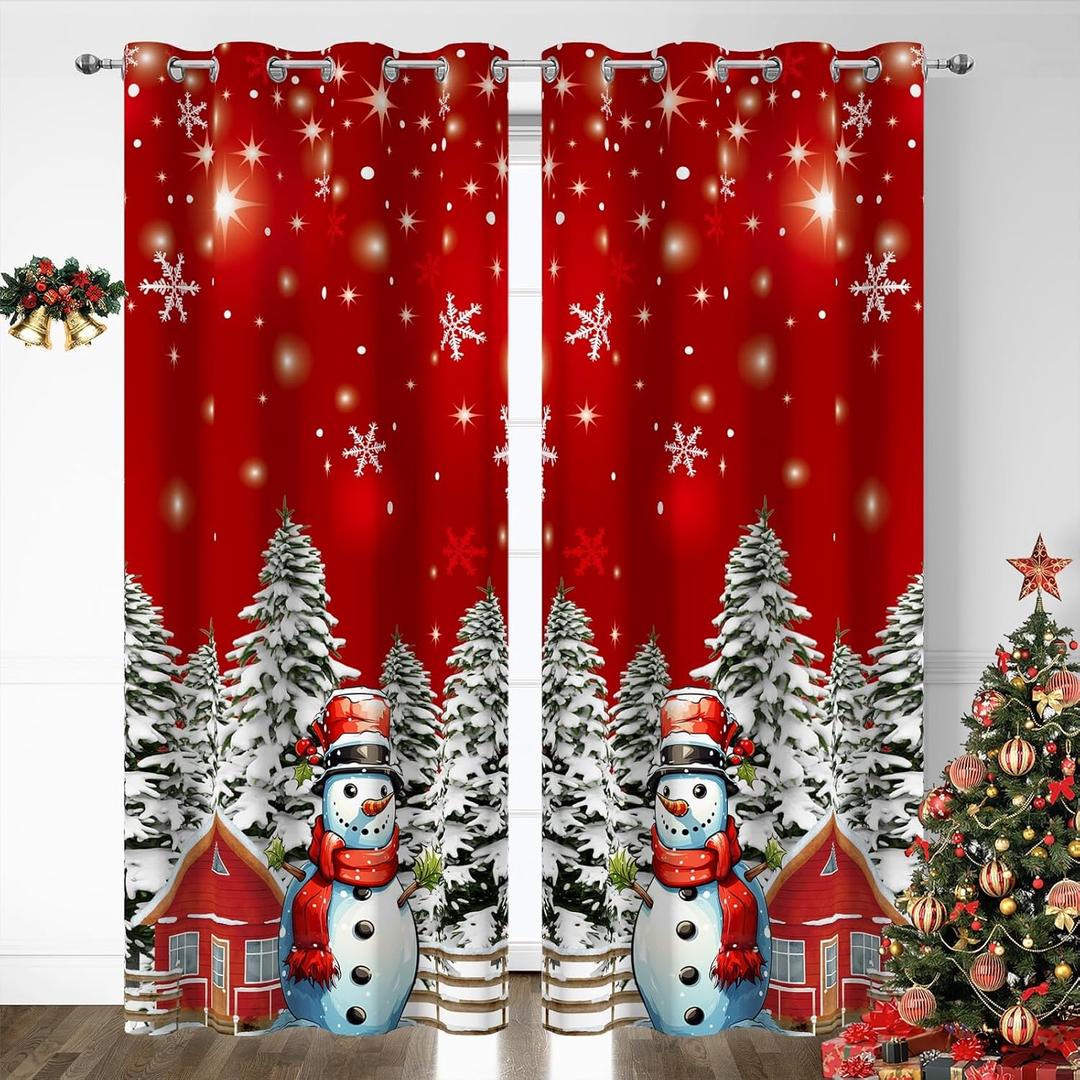 YOSTEV Christmas Curtain for Bedroom 2 Panel Set,Red Christmas Tree Snowman Farmhouse Snowflakes Velvet Window Curtains, Thermal Insulated Living Room Darkening Decoration Curtains, 52x63 Inch (Xmas Farm 1)
