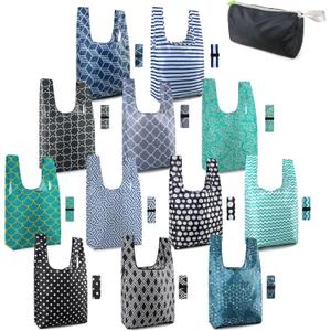 BeeGreen Reusable Foldable Shopping Totes with Handles,12 Pack Heavy Duty Polyester Fabric Geometry Grocery Bags, Large Fashion Reusable Bags for Travel & Groceries, Washable Cloth Bag Bulk