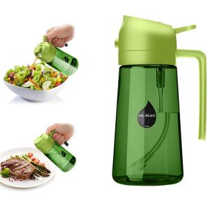 2 in 1 Oil Sprayer for Cooking, Olive Oil Dispenser Bottle for Kitchen Spray and Pour, 16oz/470ml Light-Blocking Dark Green Glass Bottle, Food-Grade Oil Mister for Air Fryer Green Cap