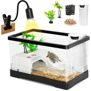 AZV All In One Turtle Tank Kit,PC Large Aquarium,Red Eared Slider Aquatic for Baby Tortoise,Fishes and Amphibians,Include Basking Platform*1,Filter*1,Filter Plates*2,Plants*2,UVB Lamp*1,Bulb*1,Stone*1