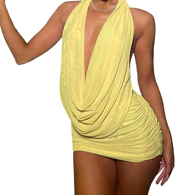 Women's Sexy Mesh Pajamas Set Solid Color Halter Deep V Backless Tank Top Bodycon Mini Skirt Exotic Babydoll Sleepwear Small