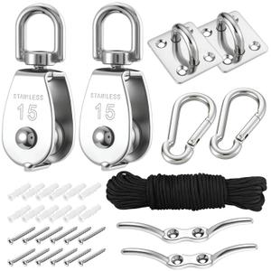 Mornajina 2 Sets M15 Cable Pulley System for Lifting Hanging, Including Heavy Duty Stainless Steel Single Pulley Block with 66FT Nylon Rope, Snap Hooks, Eye Pad Plate, Rope Cleat Hook, Loading 77lb