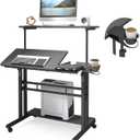 Mobile Standing Desk, Adjustable Rolling Computer Desk with 3 Desktops, Portable Laptop Table with Cup Holder, Home Office Laptop Workstation on Lockable Wheels, Black
