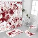 4 Pcs Burgundy Watercolor Floral Shower Curtain Sets with Rug, Toilet Lid Cover and Bath Mat, Botanical Flower Shower Curtain for Purple Bathroom Decor, White Fabric Waterproof Bathroom Set